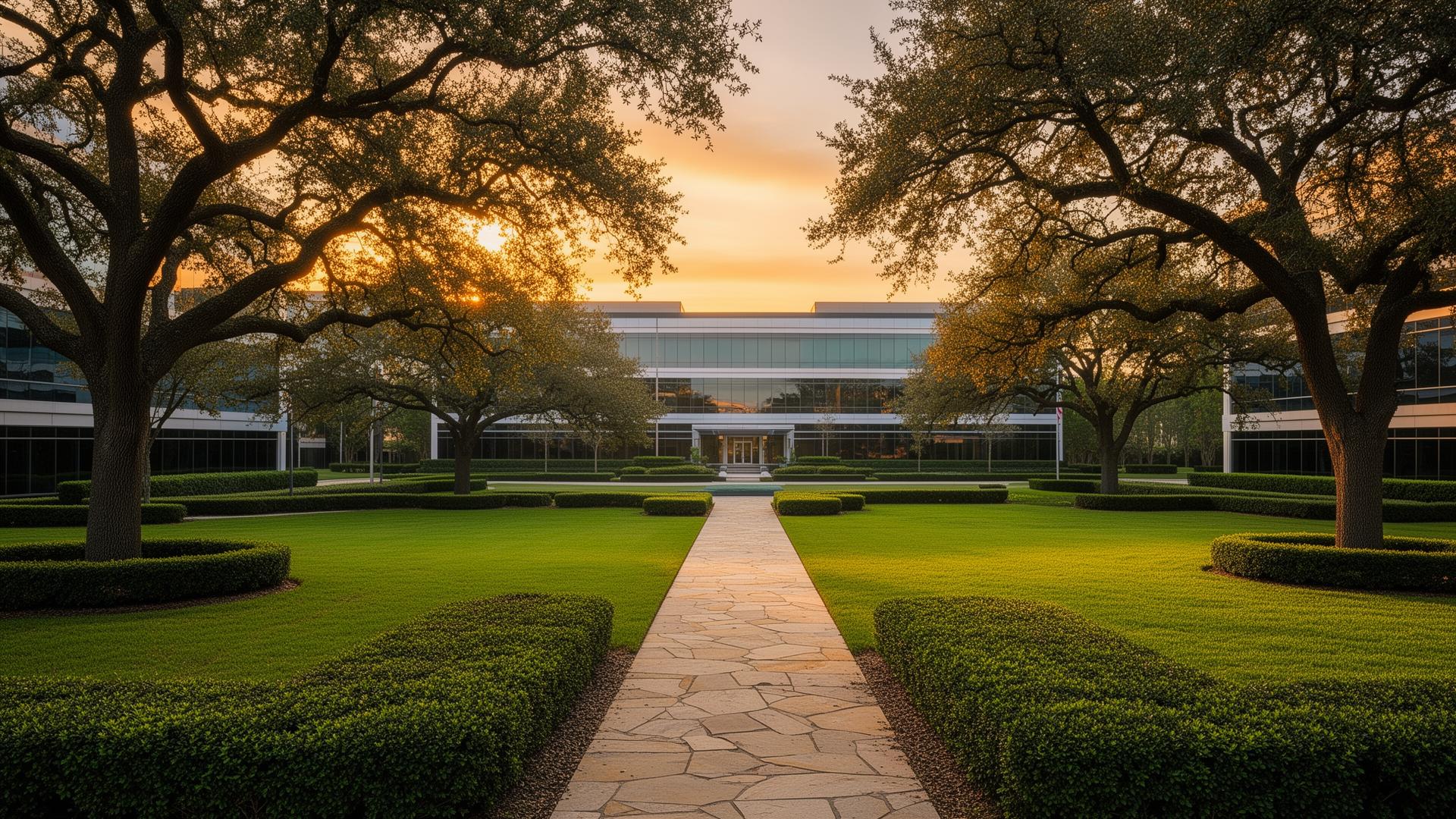 Corporate campus at golden hour with manicured boxwoods and oak trees
